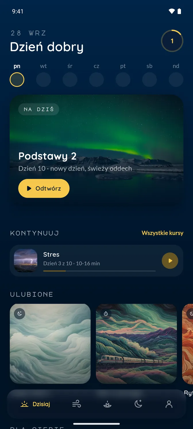 Ekran Dzisiaj — propozycja na dziś (Podstawy 2), kurs Stres w toku, tydzień praktyki i ulubione