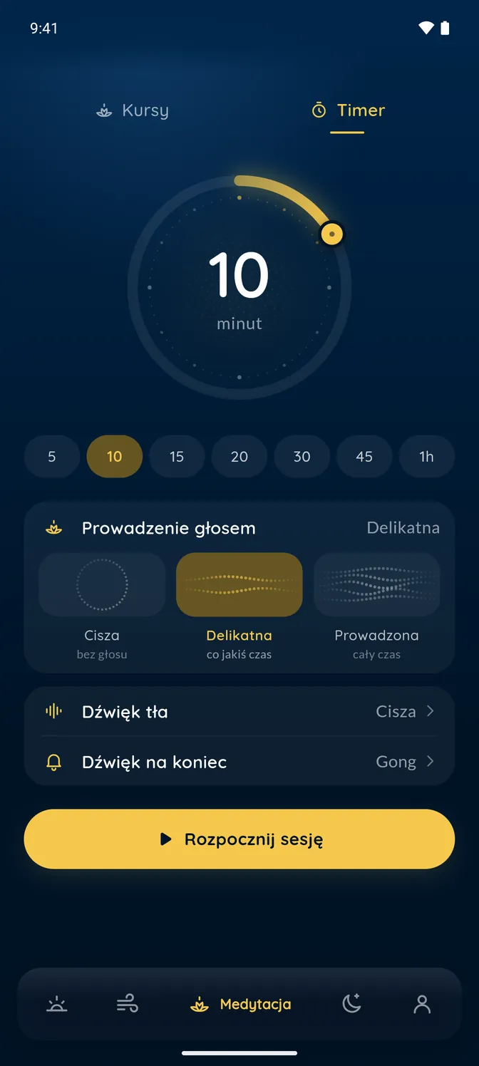 Timer medytacji — czas na tarczy, prowadzenie głosem, dźwięk tła i gong na koniec